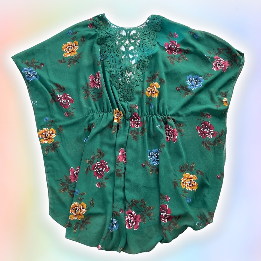 Green Floral Kimono Small Lace Crochet Swim Cover Up Beach Pool